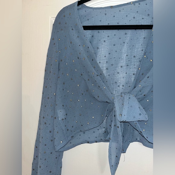 Sheer Blue With Gold Shimmery Stars Tie Front Crop Top — One Size Fits All - Picture 3 of 5